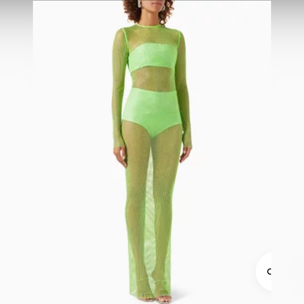 Bronx and Banco Neon Green Mesh Long Sleeve Maxi Dress
